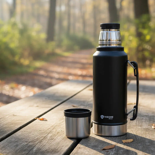 Termo Acero Inoxidable 1.2l Asa Plegable Hermético 2 Paredes Negro Mate