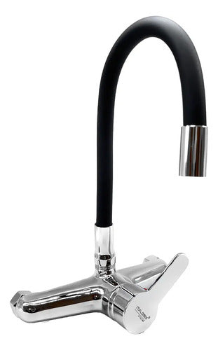 Monocomando Flexible 20cm Pico Negro Cocina Pared Mesada