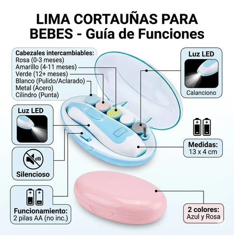 Lima Cortauñas Para Bebe Electrica Luz Led 6 Cabezal Estuche 2 Colores Según Stock