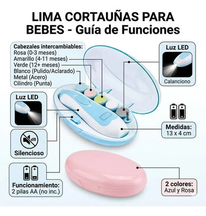 Lima Cortauñas Para Bebe Electrica Luz Led 6 Cabezal Estuche 2 Colores Según Stock