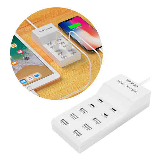 Zapatilla Cargador Usb Y Tipo C 10 Puertos Con Carga Rapida