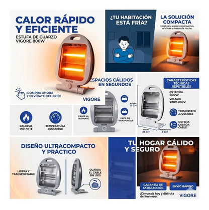 Estufa Calefactor Electrica 800w Termostato Portatil 35-25cm Gris