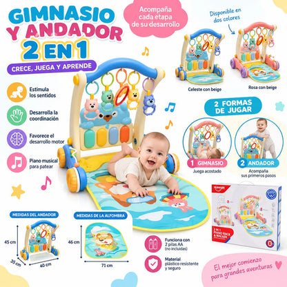 Gimnasio Andador Bebé 2 En 1 Piano Alfombra Celeste Con Beige