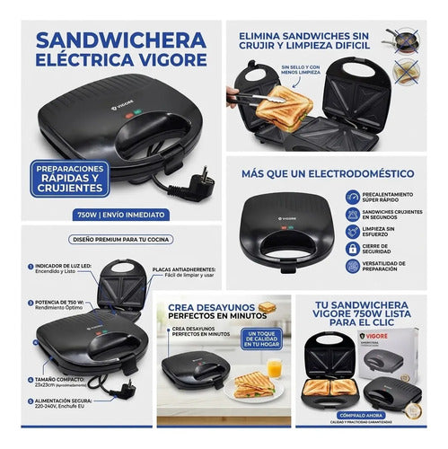 Sandwichera Electrica Antiadherente Luz Indicadora 750w Negro