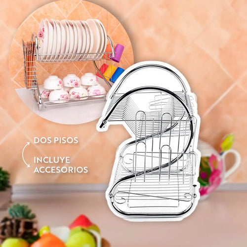 Escurridor De Platos Doble Piso Metal Cubiertos Secaplatos Plateado