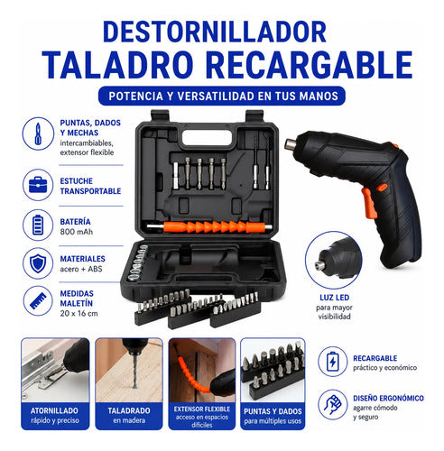 Destornillador Atornillador Taladro Recargable Accesorios Negro 0