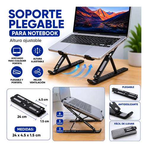 Soporte Portatil Base Plegable Notebook Ajustable Escritorio Negro