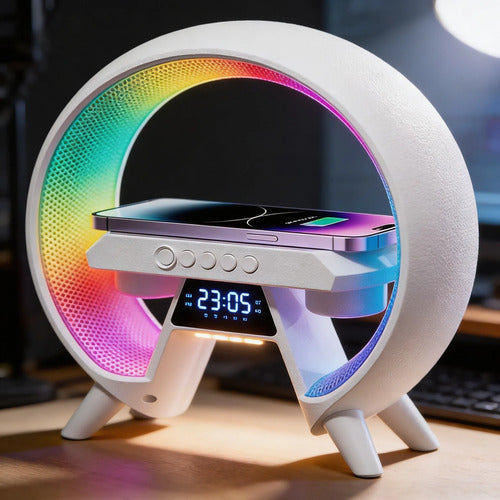 Parlante Bluetooth Cargador Inalámbrico Reloj Luz Rgb Fm Tf Blanco