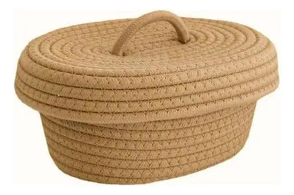 Canasto Cesto Organizador Tejido Tapa Asa 27x9cm Algodón Marrón
