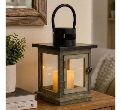 Farol Decorativo Rústico Portavelas Madera Metal 26x15cm Gris Envejecido Con Negro
