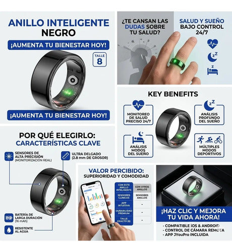 Anillo Inteligente Monitoreo Bluetooth Talla 8 Ios Android Negro 8