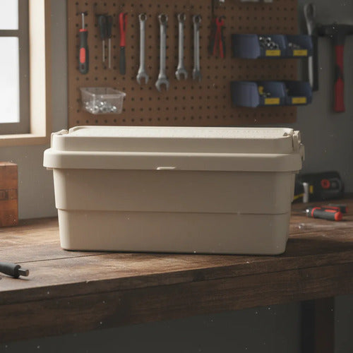 Caja Baul Organizador Herramientas Plastico Tapa Asa 65l Beige