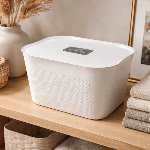 Canasto Caja Organizador Plastico Tapa 38cm Baño Cocina Blanco Texturado Tipo Tejido / Ratán Plástico