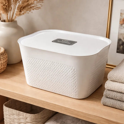 Canasto Caja Organizador Plastico Tapa 38cm Baño Cocina Blanco Texturado Tipo Tejido / Ratán Plástico