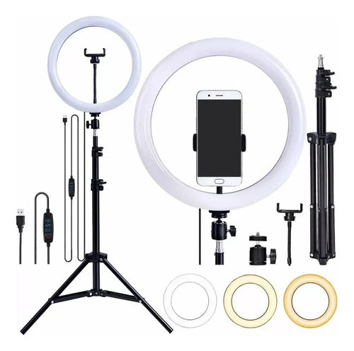 Aro De Luz Anillo Led 26 Cm Con Trípode 2 Mts Selfie Flash Blanco 26cm
