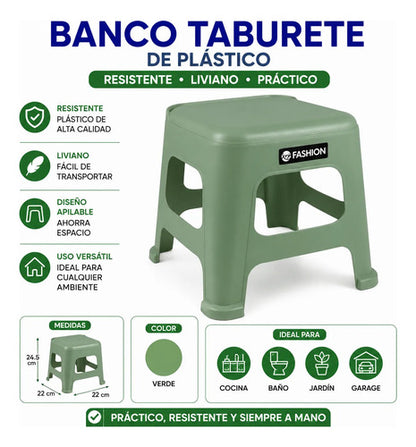 Banco Taburete Banquito Plástico Multiuso 22x22x24,5cm Mate Verde