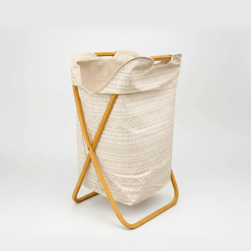 Canasto Cesto Ropa Plegable Ropa Lavanderia Madera Tela Beige Geométrico