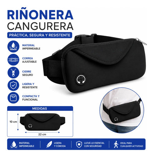 Riñonera Cangurera Deportiva Impermeable Ajustable Cintura Negro Lisa