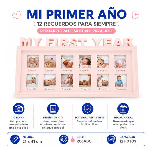 Portarretrato Múltiple Bebé Primer Año X12 Fotos Cuadro Rosa