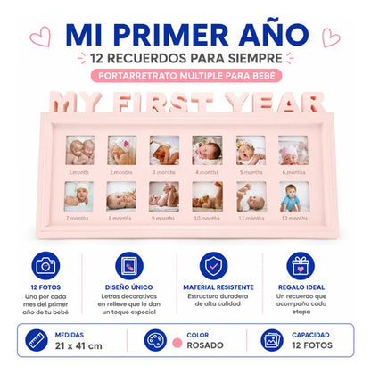 Portarretrato Múltiple Bebé Primer Año X12 Fotos Cuadro Rosa