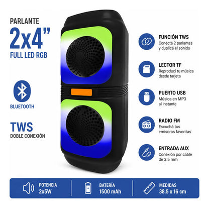 Parlante Bluetooth Top Tendencia 2x4'' Led Rgb Full Negro