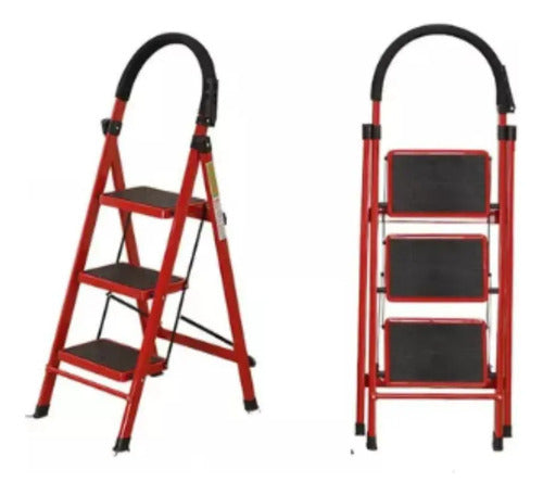 Escalera De 3 Escalones Antideslizante Plegable Metal Roja Rojo