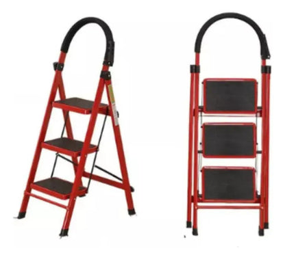 Escalera De 3 Escalones Antideslizante Plegable Metal Roja Rojo