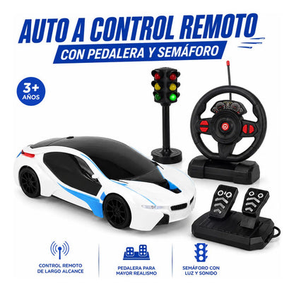 Auto Control Remoto Volante Pedales Semáforo Escala 1:16 Blanco