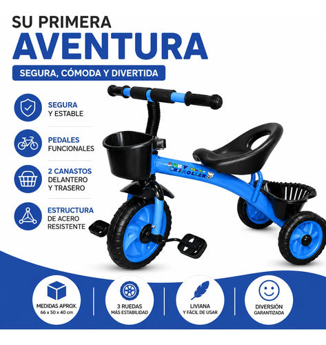 Triciclo Bicicleta Infantil 3 Ruedas Pedales 2 Canastos Azul