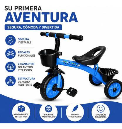 Triciclo Bicicleta Infantil 3 Ruedas Pedales 2 Canastos Azul