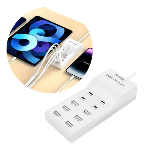 Cargador Usb Y Tipo C 10 Puertos Con Carga Rapida Zapatilla Blanco