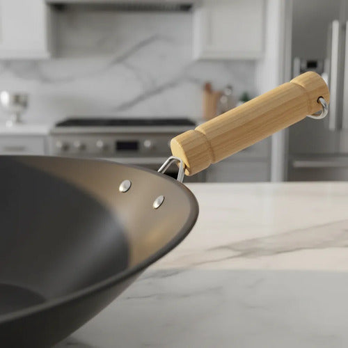 Sarten Wok Antiadherente 43cm Acero Carbono Asas Madera Negro