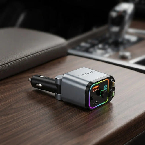 Cargador Auto 120w Cable Retráctil Usb C iPhone Fm Mp3 Rgb Negro
