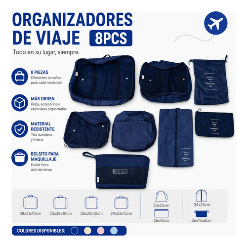 Set Organizador Viaje 8 Piezas Bolsos Valija Ropa Maquillaje Aleatorio - 4 Colores