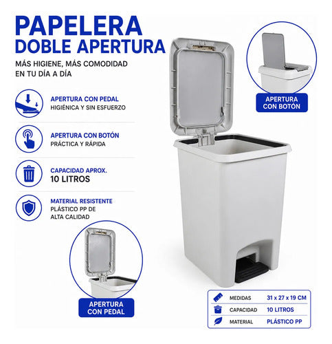 Papelera Cesto Basura Plastico Doble Apertura Pedal Boton Blanco