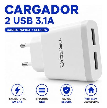 Cargador Doble 2 Usb 3.1a Celular Tablet Pared Carga Rapida Blanco