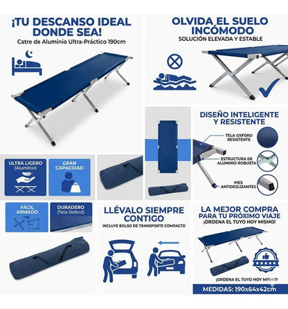 Catre Plegable Aluminio Camping Cama Portatil Exterior 190cm Azul