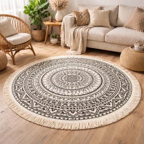 Alfombra Redonda Mandala Algodon 60cm Decorativa Dormitorio 60 Cm Blanco