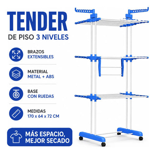 Tender Plegable 3 Niveles Brazos Extensibles Ruedas Piso Azul