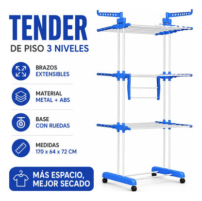 Tender Plegable 3 Niveles Brazos Extensibles Ruedas Piso Azul