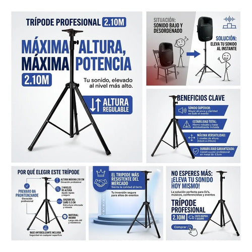 Soporte Tripode Parlante Altavoz Hierro Firme Premium Fuerte Negro