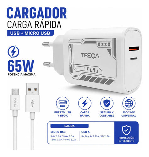 Cargador Rapido 65w Usb C Usb A Cable Micro Usb Celular Blanco