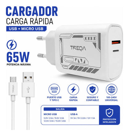 Cargador Rapido 65w Usb C Usb A Cable Micro Usb Celular Blanco