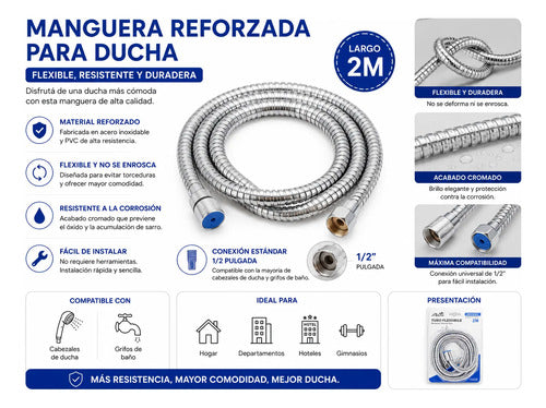 Manguera Flexible Ducha Pvc Reforzada Acero Inoxidable 2mts Plateado