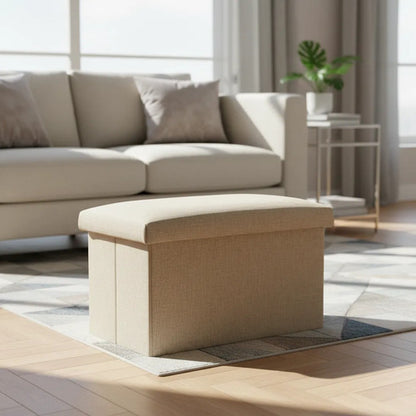 Banco Organizador Baul Taburete Plegable Tapa Acolchada Beige Tela Tramada Lisa