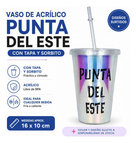 Vaso Acrílico Reutilizable Tapa Sorbito 16cm Punta Del Este Aleatorio