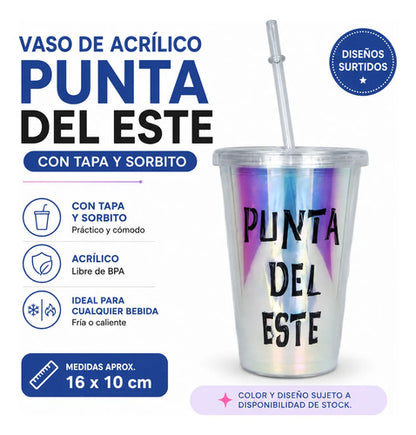 Vaso Acrílico Reutilizable Tapa Sorbito 16cm Punta Del Este Aleatorio