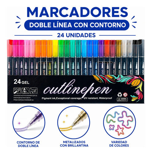 Set X24 Marcadores Doble Línea Contorno Metalizados Pack Aleatorio