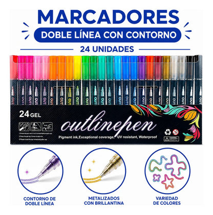 Set X24 Marcadores Doble Línea Contorno Metalizados Pack Aleatorio