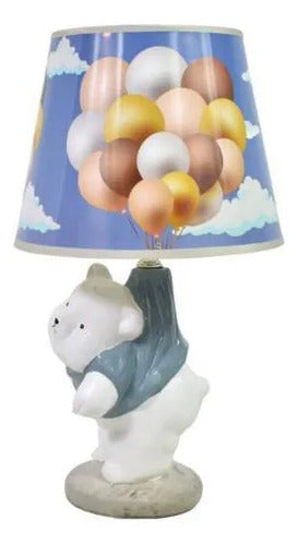 Lámpara Velador Cerámica Diseño Oso Pantalla Decorada 37cm Blanco Con Celeste